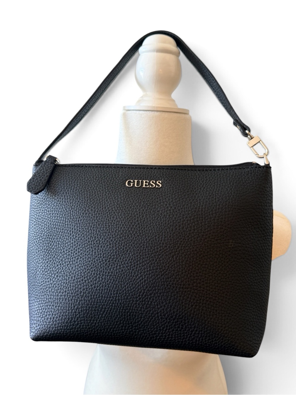 GUESS Black Pebbled Leather Shoulder Tote with Gold Logo